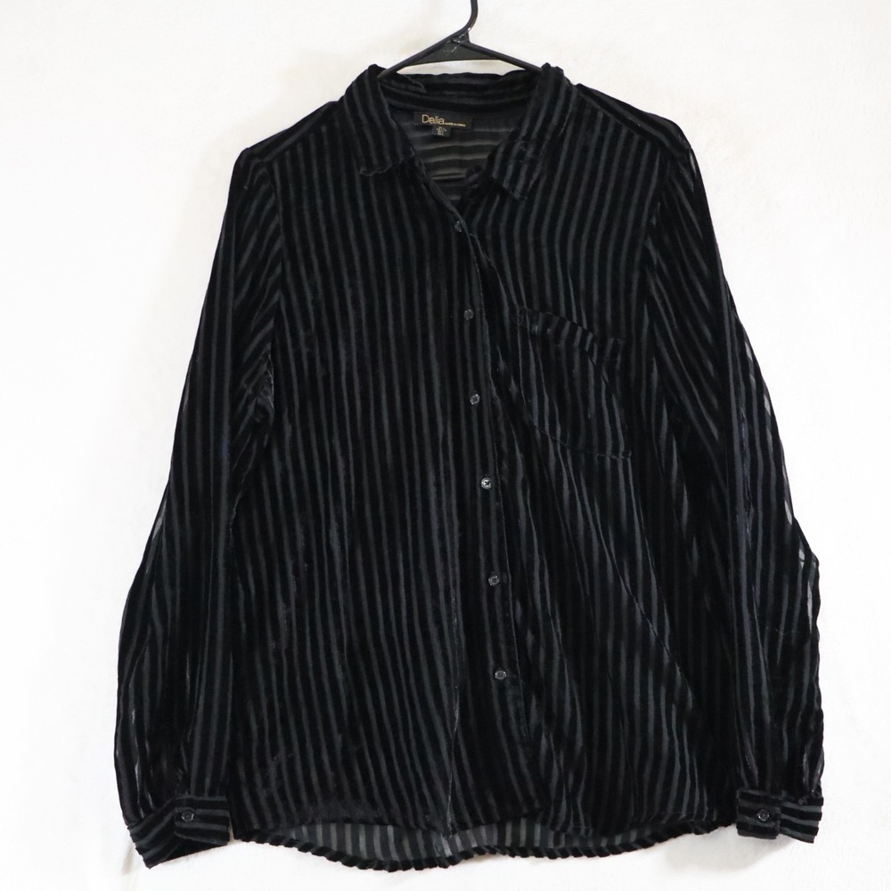 Dalia Women's Velvet Velour Button Up Shirt Black Vertical Stripe Long Sleeve L